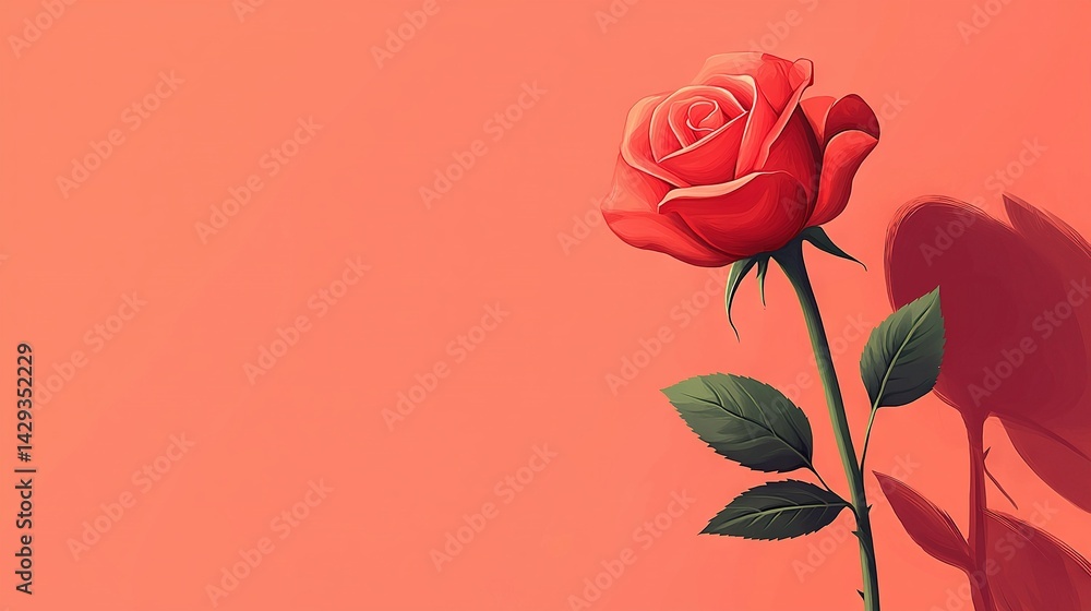 A red rose on a pink background with green stems in the foreground A red rose on a pink background with green stems in the foreground