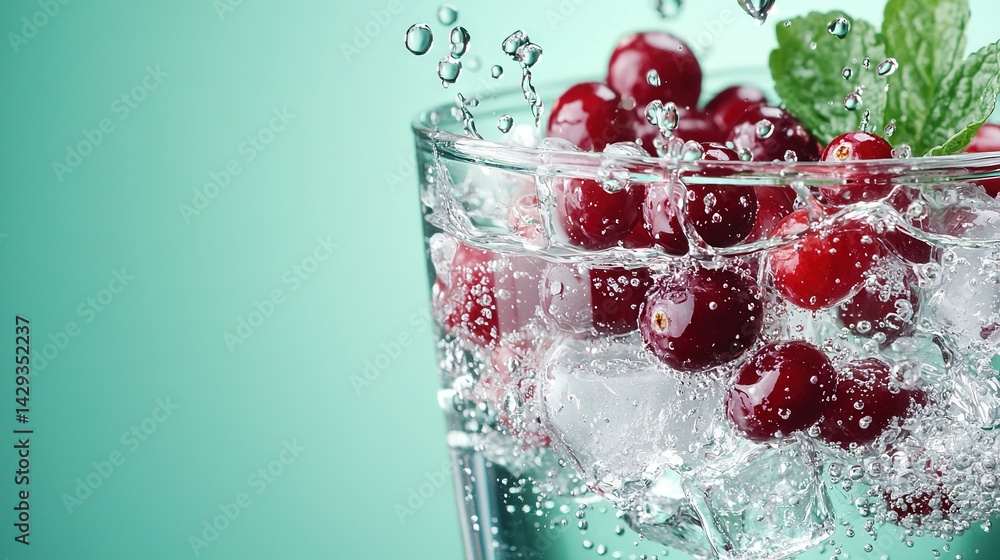 A glass filled with ice and cherries on a green tablecloth, with water splashing A glass filled with ice and cherries on a green tablecloth, with water splashing