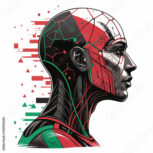 Generate a detailed image of a corrupted AI head, exhibiting pixelation, cracks, and visual glitches, showcasing a distressed, malfunctioning artificial intelligence.