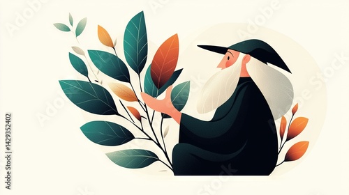   A man with a lengthy white beard, donning a black hat, is seated before a verdant tree adorned with golden and emerald foliage (45 tokens