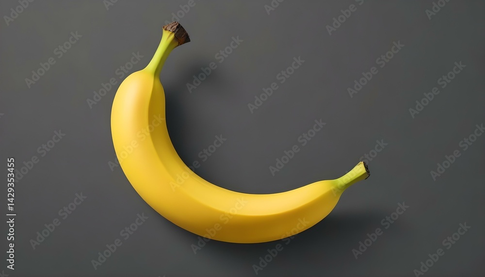 A perfectly ripe banana, captured in a high-angle shot against a soft grey backdrop. A perfectly ripe banana, captured in a high-angle shot against a soft grey backdrop.
