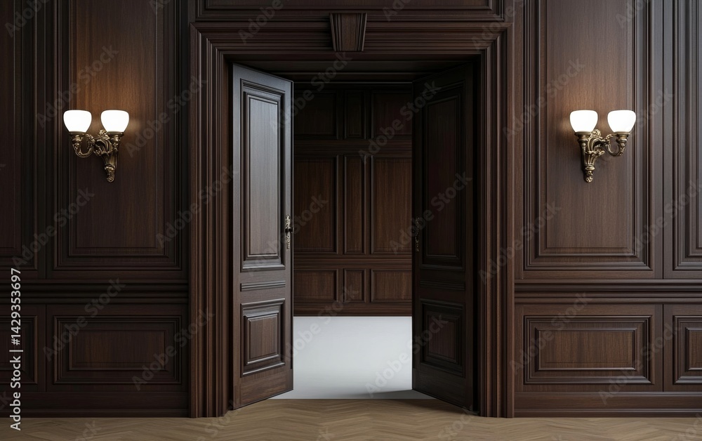 Dark wooden paneled room with open door Dark wooden paneled room with open door