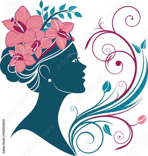 Fantasy Woman Portrait with Floral Headdress Profile Silhouette Vibrant Abstract Background Elegant Colorful Digital Art Illustration Design