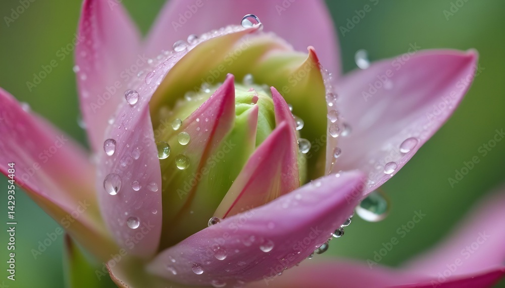 Fototapeta premium A close-up view of a pink flower bud covered in glistening water droplets.