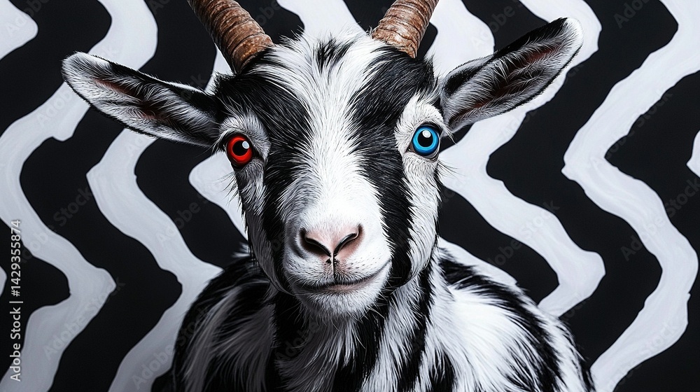 A painting of a blue-eyed goat on a black and white background with a zebra stripe pattern in the background A painting of a blue-eyed goat on a black and white background with a zebra stripe pattern in the background
