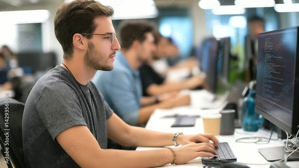 Team of developers working together in a contemporary tech workspace. Team of developers working together in a contemporary tech workspace.