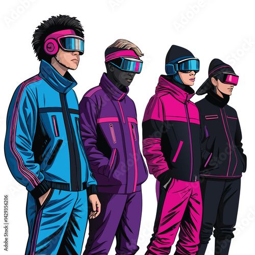 Create a striking image of a cyberpunk band, showcasing neon-lit synthwave gear, futuristic visor shades, and intense expressions.
