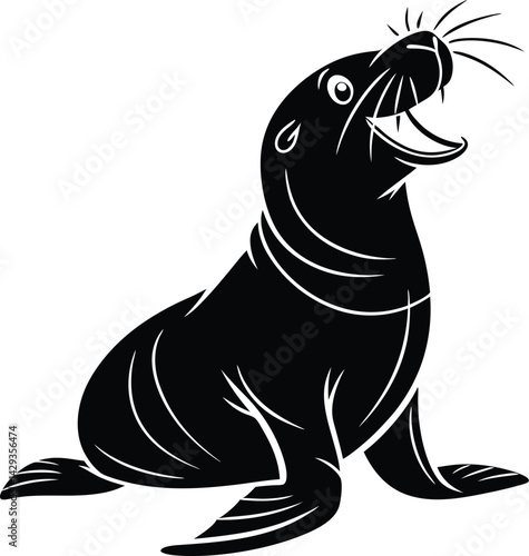 Black and white vector illustration shows a wild lion silhouette, an isolated mammal animal