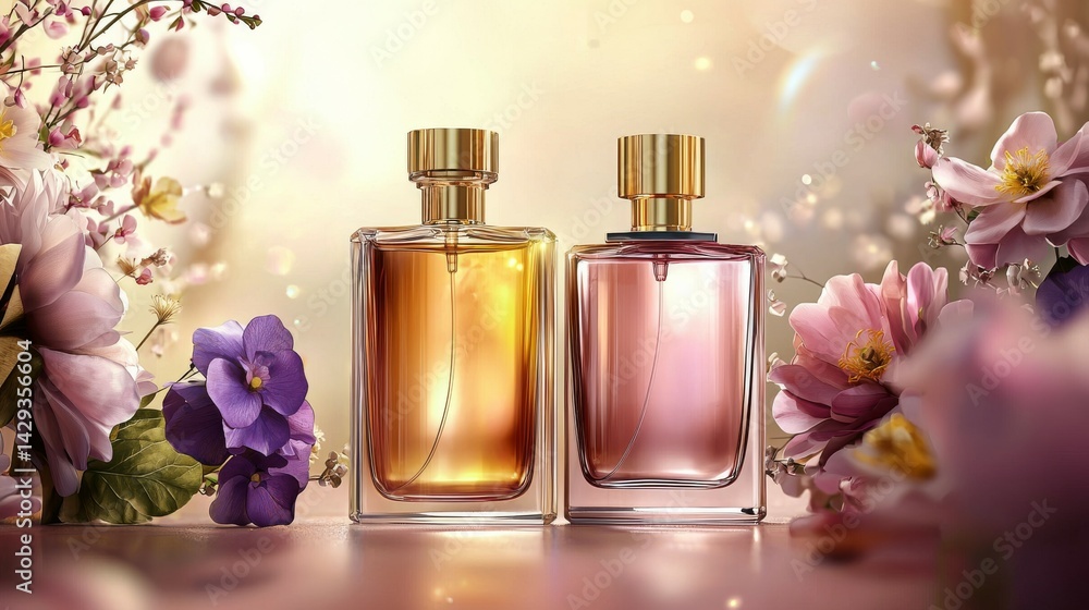Elegant Perfume Composition Chic Bottles Surrounded by Blossoms in Soft Pink Illustration - Generative AI Elegant Perfume Composition Chic Bottles Surrounded by Blossoms in Soft Pink Illustration - Generative AI