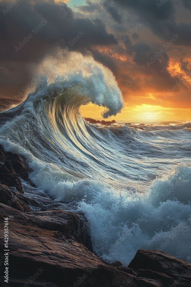 Fototapeta premium Sunlit waves crashing against rocky shore