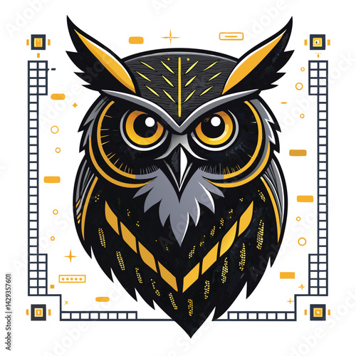 Generate a cyberpunk-style illustration of an owl with USB feathers, framed by pixelated imagery.  The owl should have a sleek, futuristic design.