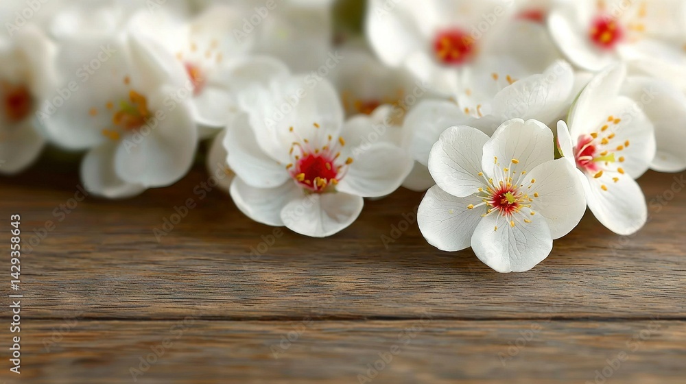 A group of white flowers rests atop a wooden table, alongside a vase filled with blooms A group of white flowers rests atop a wooden table, alongside a vase filled with blooms