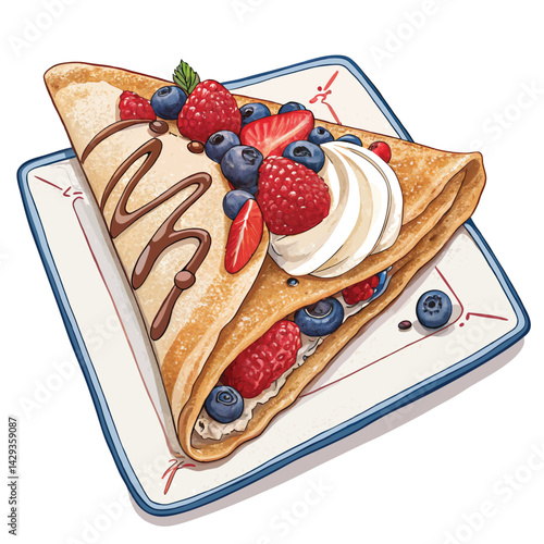 A delectable crepe filled with fresh fruits and creamy filling, artfully presented in a charming French café setting.