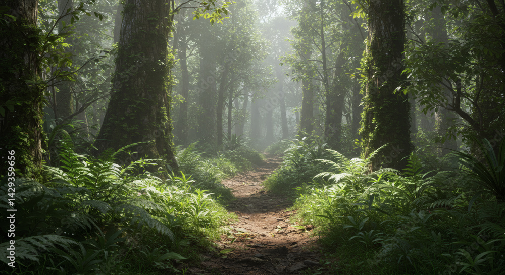 Fototapeta premium Sunlit jungle trail winding through a misty rainforest with mossy trees and lush ferns in hyper-realistic detail.
