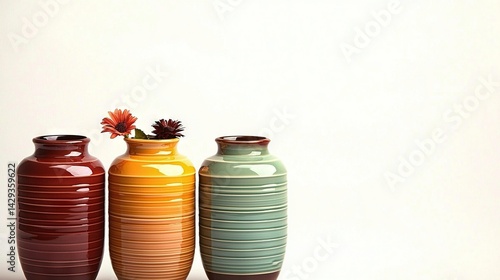   A trio of vases aligned on a white surface, adorned with a centerpiece flower