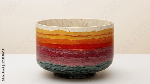   A close-up of a bowl on a table with white walls in the foreground and background