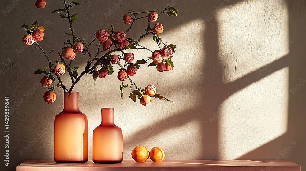 A pair of vases sits atop a table, alongside a vase adorned with blooms