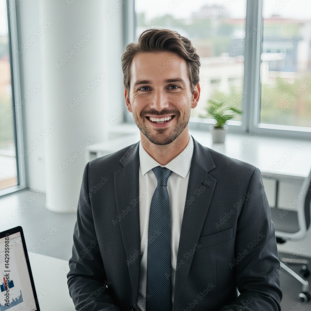 Portrait of a smiling, confident businessman in a formal suit posing in a modern office environment. Portrait of a smiling, confident businessman in a formal suit posing in a modern office environment.