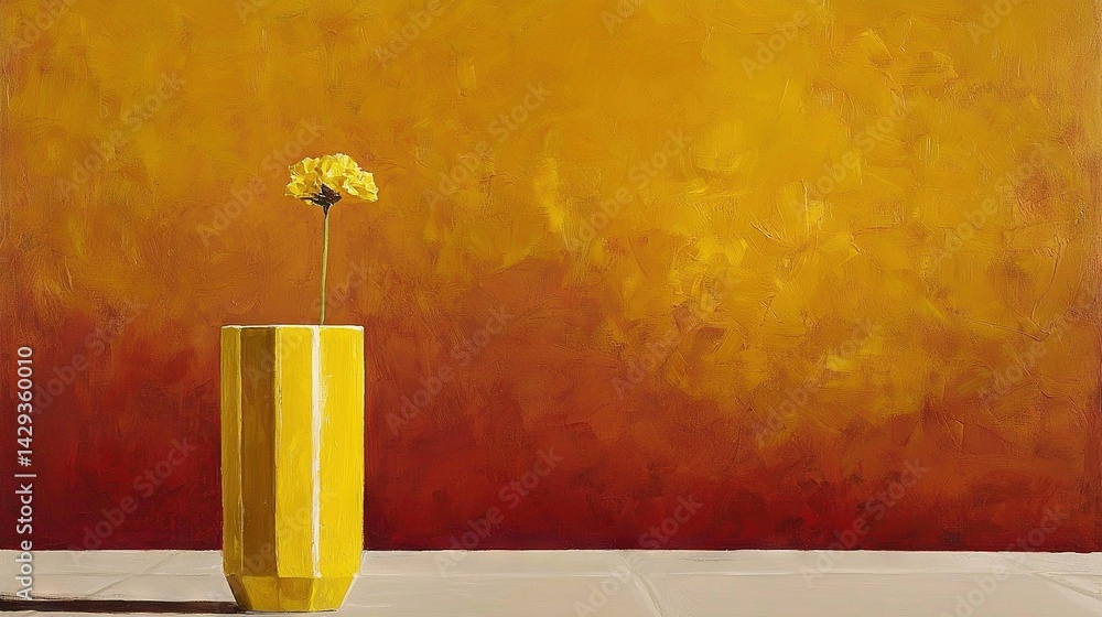 Yellow vase and flower in foreground, red wall in backdrop