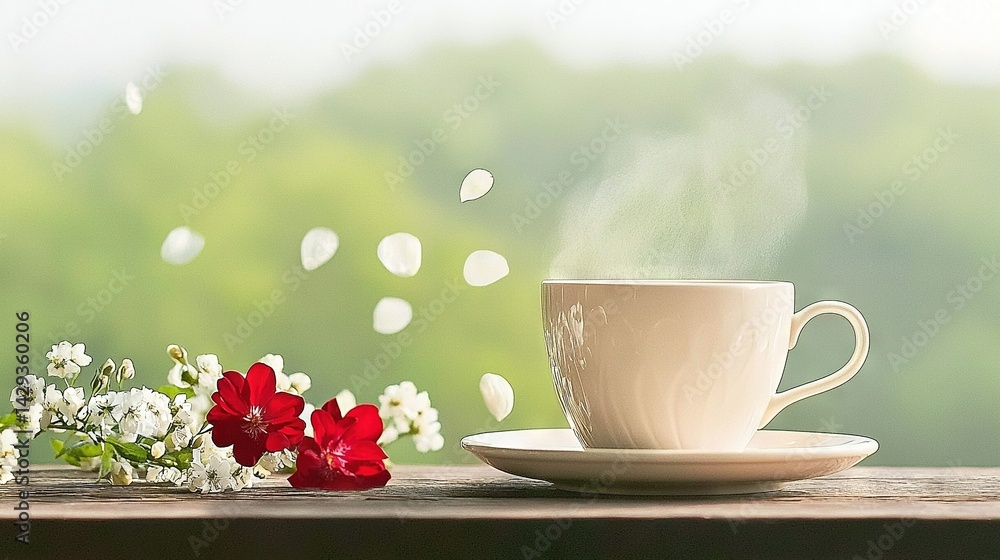 A cup of coffee sits next to a vase of mixed flowers