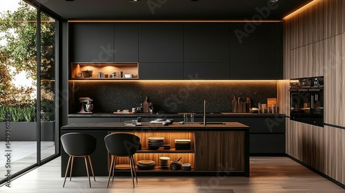 Wallpaper Mural Stylish Black and Dark Wood Kitchen Furniture - Elegant Interior Design with Daylight Illumination Torontodigital.ca