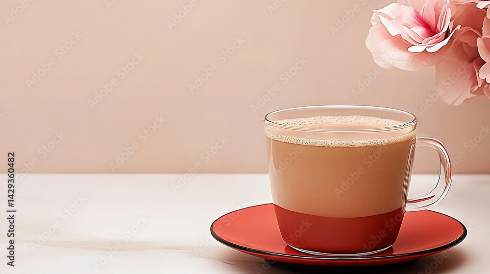   A macro shot of a cup of coffee resting atop a saucer, featuring a vibrant blossom nestled within its depths