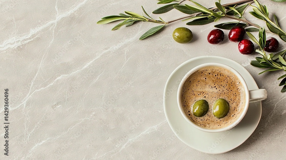 Coffee in cup, saucer, olives, sprig