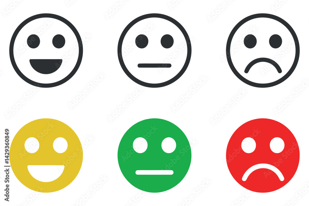Customer Satisfaction Survey Faces Representing Positive Neutral And Negative Feedback In Black And White And Color Customer Satisfaction Survey Faces Representing Positive Neutral And Negative Feedback In Black And White And Color
