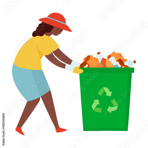 Illustration of black woman wearing gloves and hat placing plastic waste into green recycling bin marked with recycle symbol. Great for environmental awareness and sustainability content. Vector art.