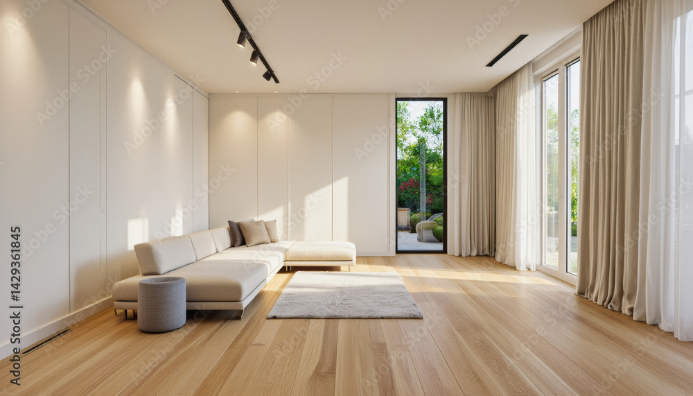 Fototapeta premium Modern interior design architecture photography: This interior design photograph showcases a modern living room with a minimalist aesthetic, featuring a large sectional sofa, wooden floors, floor-to