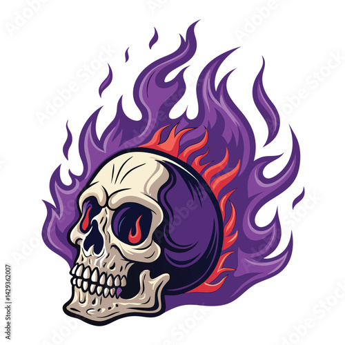 Design a skull icon engulfed in cursed purple and violet flames;  stylized for a game asset, emphasizing a dark, mystical aesthetic.