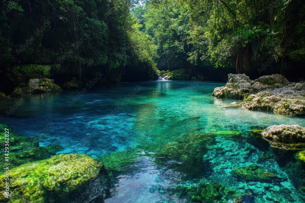 Naklejka premium Clear turquoise waters surrounded by lush greenery in a serene natural oasis