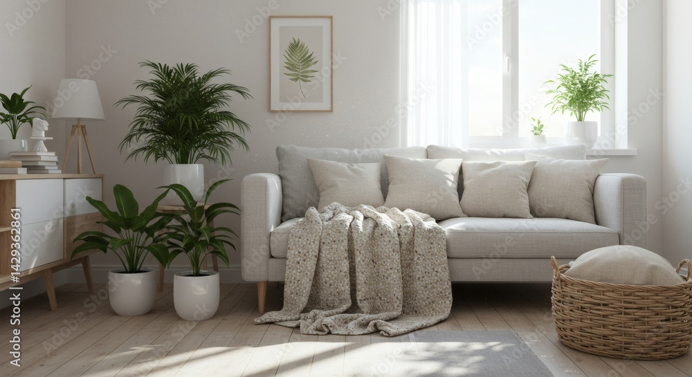 Fototapeta premium Bright and airy living room with sofa, indoor plants, and natural light creating a calm atmosphere.