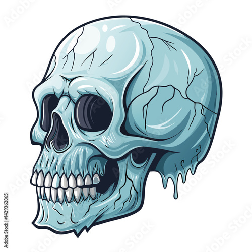 Design a chilling ice skill icon a frozen skull encased in glacial ice, radiating frost.  Include intricate cracks and a bluish-white icy texture.
