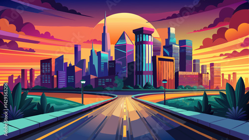 Very beautiful Panoramic city skyline and buildings with empty asphalt road at sunset