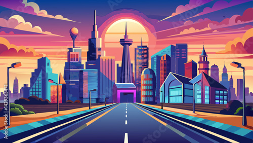 Very beautiful Panoramic city skyline and buildings with empty asphalt road at sunset