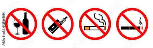 No smoking, no vaping, no alcohol notice sign set on white background. vector warning sign illustration set. 