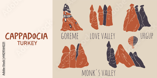 Set of stone pillars in the Cappadocia, liner hand drawn vector illustration.