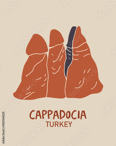 Stone pillars of Cappadocia. Vector illustration liner hand drawn art.