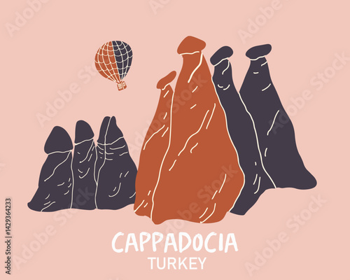 Air balloon cappadocia goreme line art vector hand drawn illustration.