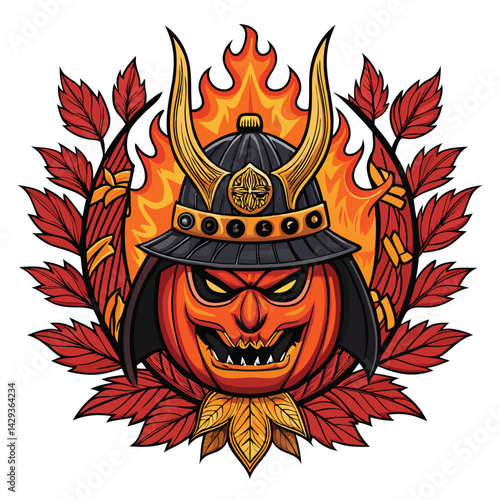 A flaming autumnal landscape reveals a cursed pumpkin samurai head, intricately carved, with burning embers within its eye sockets.  The scene is both terrifying and beautiful.
