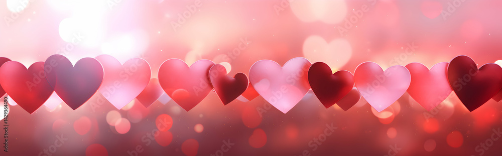 Aesthetic display of various pink and red hearts arranged in a horizontal garland Aesthetic display of various pink and red hearts arranged in a horizontal garland