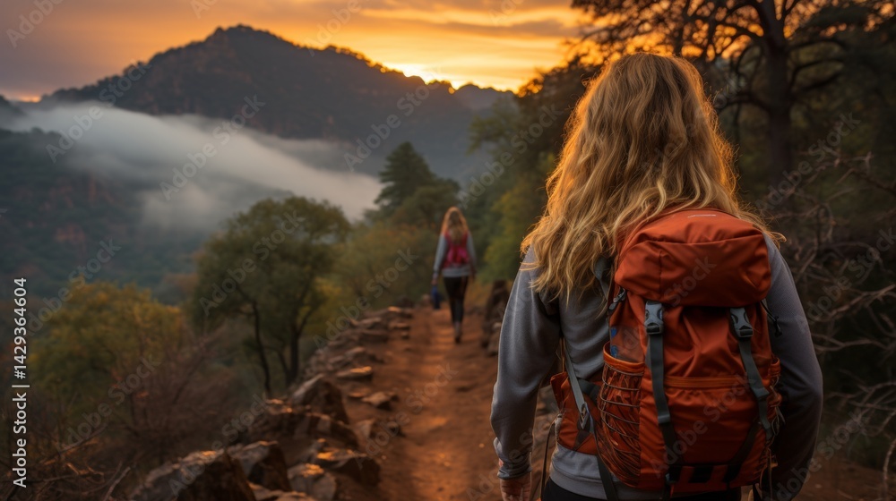 Naklejka premium Rear view of young tourist couple travellers hiking in nature, resting