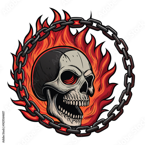 A cursed skull, bound by heavy iron chains, engulfed in fiery, hellish flames within a ruined, gothic structure. Render in high detail.