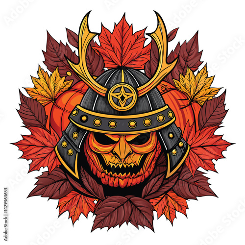 A terrifying, cursed pumpkin samurai head, intricately carved, sits amidst a blazing autumn bonfire, smoke swirling.  Fiery leaves surround it.