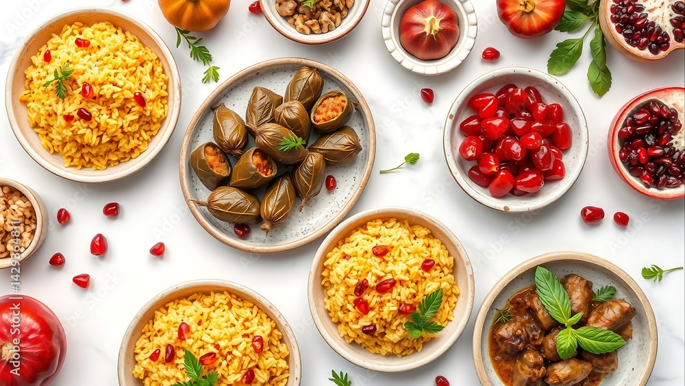 Elegant Overhead Flat Lay of Middle Eastern Cuisine: Dolma, Rice Pilaf, Pomegranate Seeds and Hearty Stew on White Marble, ideal for food blogs and recipe websites, showcasing rich flavors and Elegant Overhead Flat Lay of Middle Eastern Cuisine: Dolma, Rice Pilaf, Pomegranate Seeds and Hearty Stew on White Marble, ideal for food blogs and recipe websites, showcasing rich flavors and