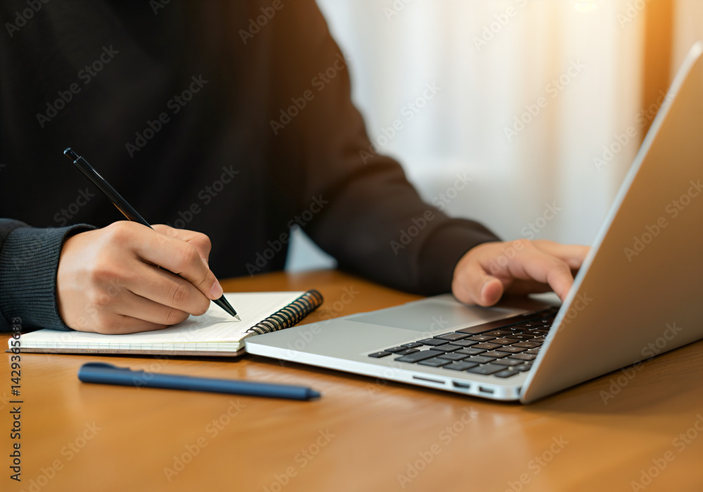 Man Typing on Laptop While Taking Notes Man Typing on Laptop While Taking Notes