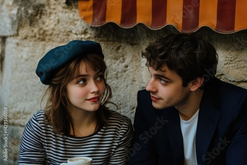 A young couple, romantically gazing at each other, enjoys coffee in a Parisian cafe.