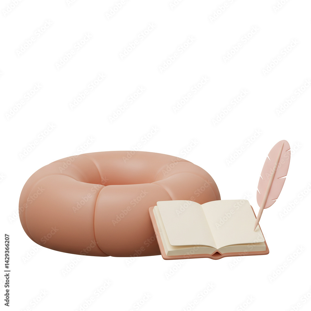 3d Illustration Open Book with Quill Pen and Round Pillow 3d Illustration Open Book with Quill Pen and Round Pillow