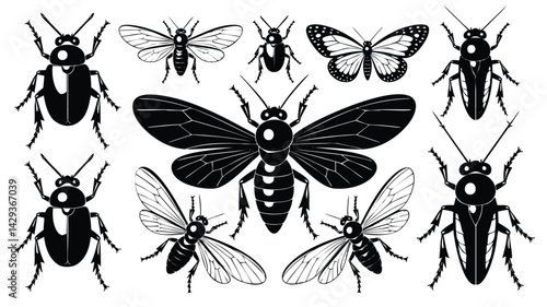 This graphic features a collection of various insect silhouettes, including beetles, moths, butterflies, and cockroaches